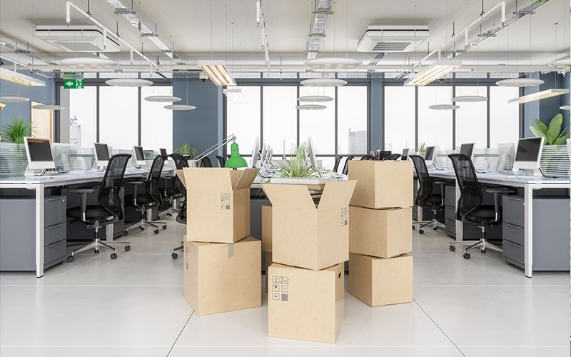 boxes packed in an office